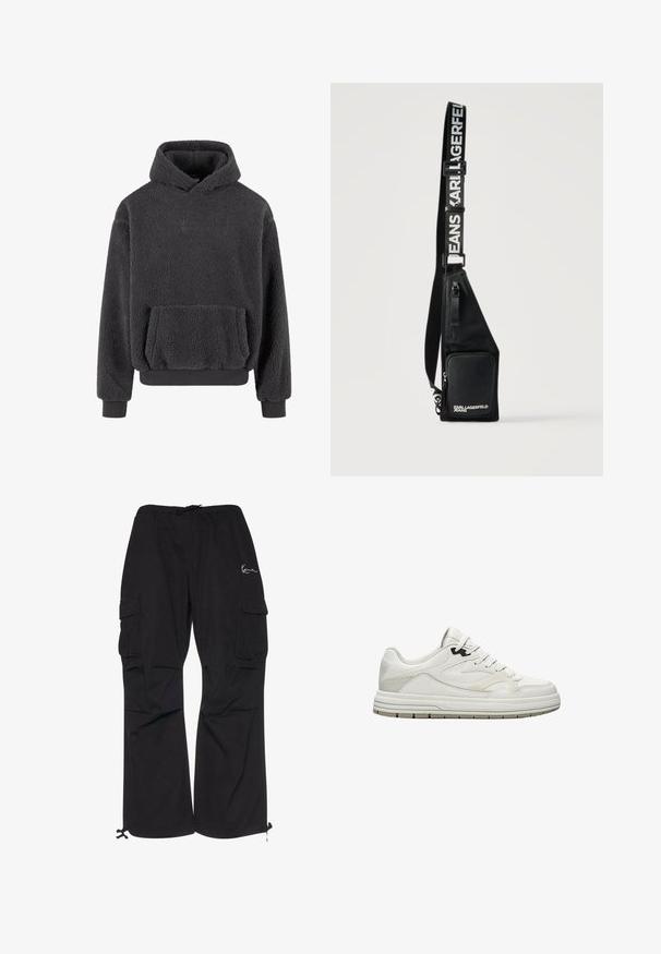 Fleece hoodie in donkergrijs met een gestructureerd oppervlak, een kangaroozak en ribgebreide cuffs en zoom. Heeft een klein logo op de borst.; Zwarte cargobroek van lichtgewicht stof, met een elastische tailleband met koord, zijzakken en verstelbare manchetten.; Witte lage sneaker met vetersluiting, subtiele grijze accenten en een dikke zool met profiel voor grip.; Zwarte crossbody slingtas met voorvak met ritssluiting en verstelbare band bedrukt met "KARL LAGERFELD JEANS" in witte letters.