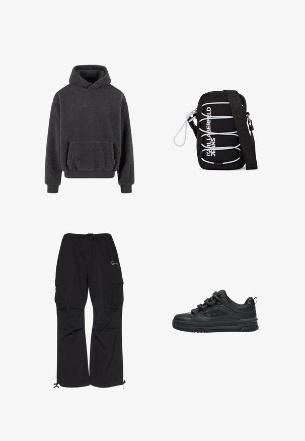 Fleece hoodie i mørkegrå med en tekstureret overflade, en kangaroo-lomme og ribbede manchetter og kant. Har et lille logo på brystet.; Sorte cargobukser lavet af letvægtsstof, med elastisk talje med snøre, sidelommer og justerbare manchetter.; Sort lavtop sneaker med tyk sål, polstret krave, mesh paneler og chunky snørebånd vist mod en hvid baggrund.; Sort crossbody-taske med hvide elastiske snore, sølv hardware og teksten "KARL LAGERFELD JEANS" i hvid på forsiden, med en bred sort strop.