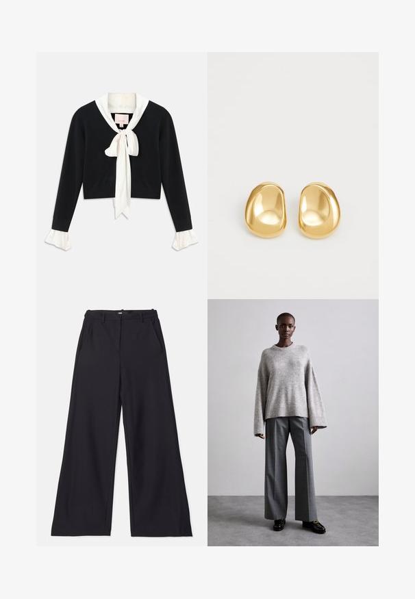 Pull cropped noir à manches longues avec col blanc attaché, nœud papillon à l'avant et poignets en dentelle blanche sur les manches.; Maje PIMANO - Pantalon classique - noir; Pull en maille gris avec des manches larges et un ourlet côtelé, assorti à un pantalon gris taille haute avec un motif à carreaux discret et des mocassins noirs.; Boucles d'oreilles en forme de clou de couleur or, avec une forme lisse et arrondie et une surface réfléchissante, mettant en avant un design minimaliste sans motifs visibles.