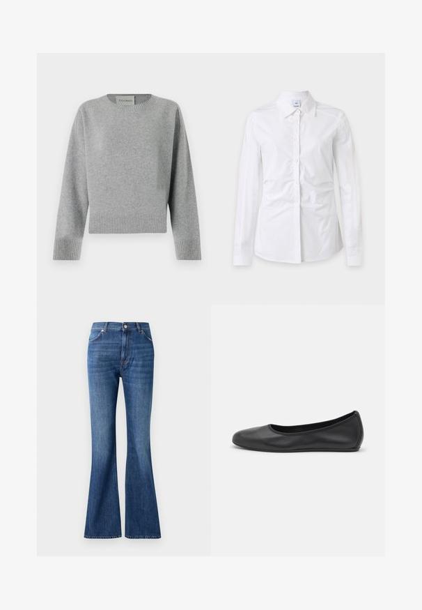 CLOSED CREW NECK WIDE SLEEVE - Svetrík - light grey; Biela košeľa s dlhým rukávom na gombíky s golierom, mierne pokrčená látka a viditeľná značka vo vnútri goliera.; Modré rozšírené džínsy vyrobené z denimu, s vysokým pásom, piatimi vreckami a jemným škriabaním pri švoch.; Čierne kožené baleríny s okrúhlou špičkou, hladkým povrchom, minimálnym prešívaním a flexibilným dizajnom podrážky.