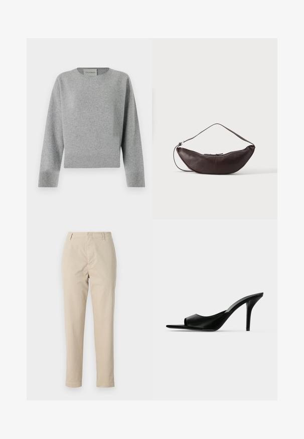 CLOSED CREW NECK WIDE SLEEVE - Trui - light grey; Beige katoenen broeken met een rechte pasvorm, riemlussen en een ritsgulp. De stof heeft een gladde textuur en vertoont geen zichtbare patronen of accenten.; Zwarte leren mule met open teen en hoge slanke naaldhak, zijaanzicht tegen een effen achtergrond.; Donkerbruine leren schoudertas in halve maan vorm met een gebogen band en zichtbare stiksels op een effen achtergrond.