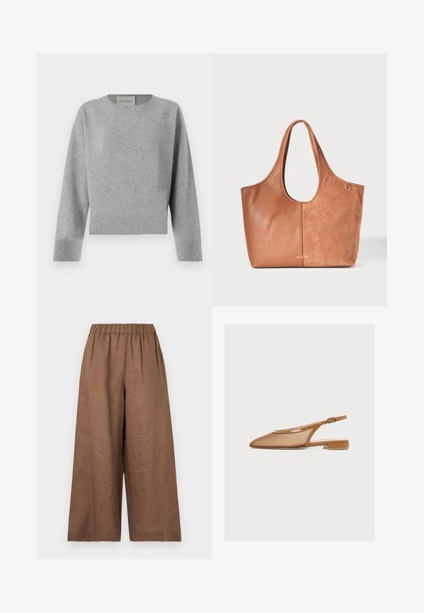 CLOSED CREW NECK WIDE SLEEVE - Trui - light grey; Bruine wijde broek met elastische tailleband gemaakt van lichtgewicht stof, weergegeven tegen een effen witte achtergrond.; Bruine platte slingbackschoen met puntige neus, lage blokhak en enkelriem met gespsluiting.; Twee- tonen bruine leren en suède shopper met dubbele handvatten en een klein gouden Michael Kors-logo in het onderste midden.