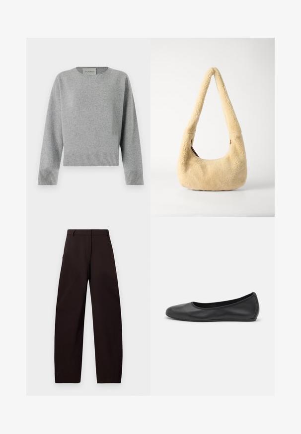 CLOSED CREW NECK WIDE SLEEVE - Trui - light grey; Bruine, wijde broek met een gladde textuur. Voorzien van een platte voorkant, ceintuurlussen en zijzakken voor functionaliteit.; Zwarte leren ballerina met een ronde neus, gladde textuur, minimale stikdetails en een flexibele zoolontwerp.; Beige schapenleren schoudertas met een gebogen handvat en een afgeronde vorm. De textuur is zacht en plush, met minimale hardwareaccenten.