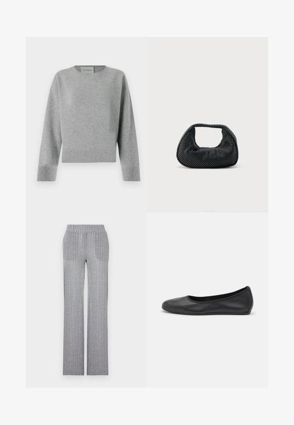 CLOSED CREW NECK WIDE SLEEVE - Trui - light grey; Grijze, geribbelde gebreide broek met een aansluitende tailleband en uitlopende pijpen. Kenmerkt zich door een subtiele glans en verticale strepen voor textuur.; Zwarte leren ballerina met een ronde neus, gladde textuur, minimale stikdetails en een flexibele zoolontwerp.; Zwarte geweven hobo-tas met een zachte structuur en geïntegreerd handvat, weergegeven op een effen lichte achtergrond.