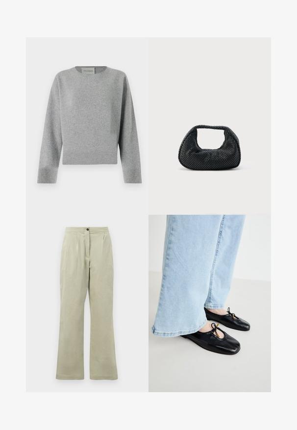 CLOSED CREW NECK WIDE SLEEVE - Trui - light grey; Lichtgroene wijde broek van zacht materiaal, met een knoopsluiting aan de voorkant, plooien en een nette zoom.; Zwarte leren ballerina's met een ronde neus, voorzien van een uitsnede en strikdetail, gedragen met lichtblauwe wijdgesneden jeans.; Zwarte geweven hobo-tas met een zachte structuur en geïntegreerd handvat, weergegeven op een effen lichte achtergrond.