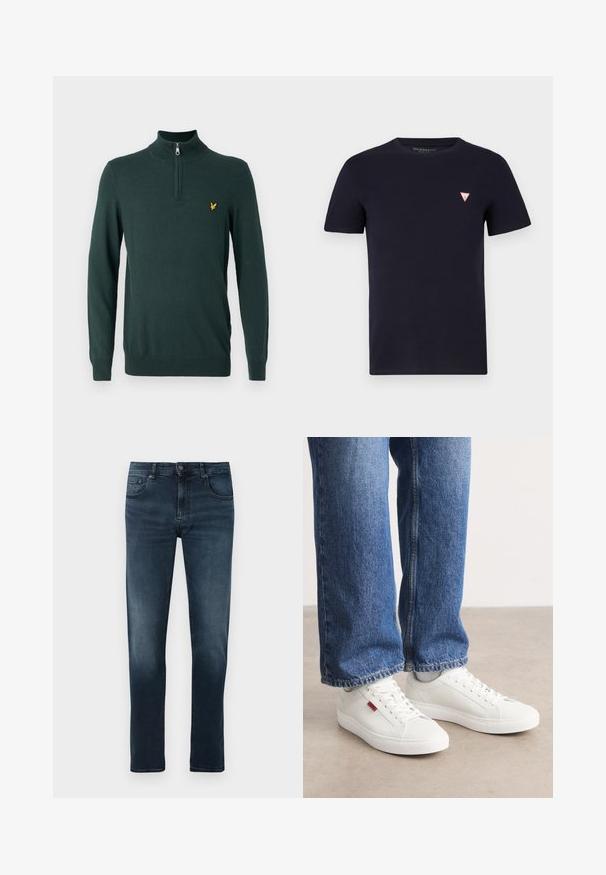Pull en tricot vert foncé avec un col haut et une fermeture éclair quart. Logo jaune petit sur la poitrine gauche. Manches longues et poignets côtelés.; T-shirt en coton bleu marine avec un col rond et des manches courtes ; présente un petit logo en forme de triangle rouge sur le côté gauche de la poitrine.; Jean slim-fit bleu marine pour homme, avec bouton à l'avant, fermeture éclair, cinq poches et un léger délavage sur les cuisses et les genoux.; Baskets blanches avec une surface lisse, un bout rond et une semelle plate. Accompagnées d'un jean en denim bleu avec une coupe droite et des coutures visibles.
