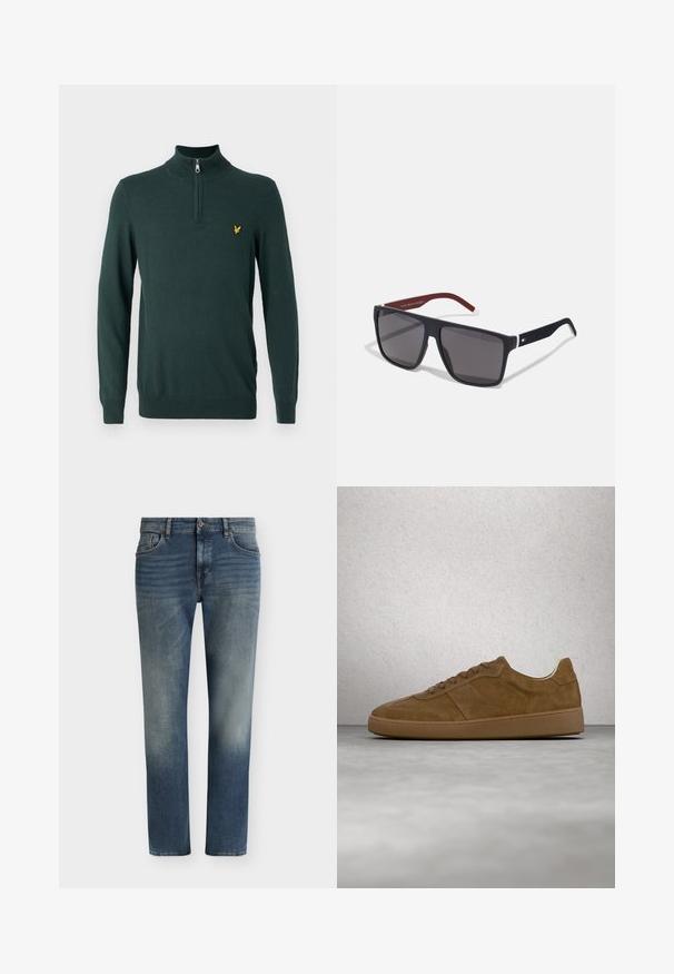 Pull en tricot vert foncé avec un col haut et une fermeture éclair quart. Logo jaune petit sur la poitrine gauche. Manches longues et poignets côtelés.; Jean en denim bleu délavé à jambe droite avec poches avant, passants de ceinture et fermeture par bouton à la taille.; Baskets en daim marron avec des lacets couleur fauve et une semelle en caoutchouc. Présente un bout arrondi et des détails cousus sur la tige. Design léger.; Tommy Hilfiger Lunettes de soleil - matte blue