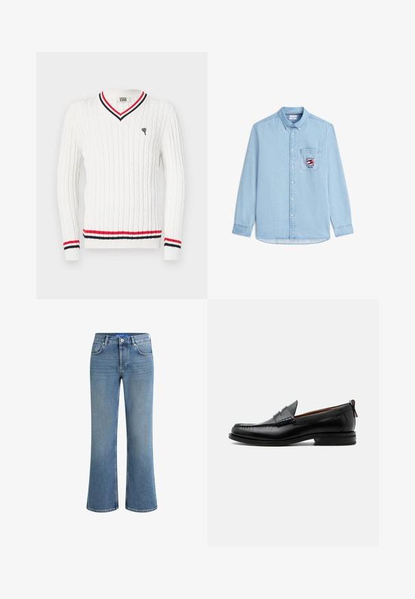 Suéter blanco de punto trenzado con escote en V, que presenta detalles en franjas rojas y negras en el cuello y el dobladillo. Bordado de un pequeño logo de corazón en el pecho.; Camisa vaquera azul claro de manga larga con cuello abotonado y bolsillo delantero con el logo de Tommy Hilfiger y diseño de bandera.; Vaqueros de mezclilla de un azul claro, con un corte acampanado y una altura de cintura media, diseño de cinco bolsillos, y una superficie sutilmente texturizada, con un cierre estándar de botón.; Mocasín de hombre de piel negra con costura moc toe, tira penny, cuello texturizado y tacón bajo apilado sobre fondo blanco.