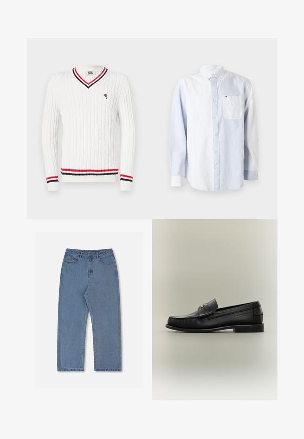 Hvid kabelstrikket sweater med V-udskæring, prydet med røde og sorte stribede detaljer ved kraven og kanten. Lille hjerte-logo broderet på brystet.; Lyseblå skjorte med knapper, hvor venstre side er ensfarvet og højre side har lodrette hvide striber. Den har en brystlomme og krave med knapper.; Lyseblå denimjeans med løs pasform, lige ben, fem lommer og lukning med knap. Har et diskret rødt logo på forlommen.; Sort læder slip-on loafer med lav hæl, guldbeslag og præget mærkenavn på siden mod en neutral baggrund.