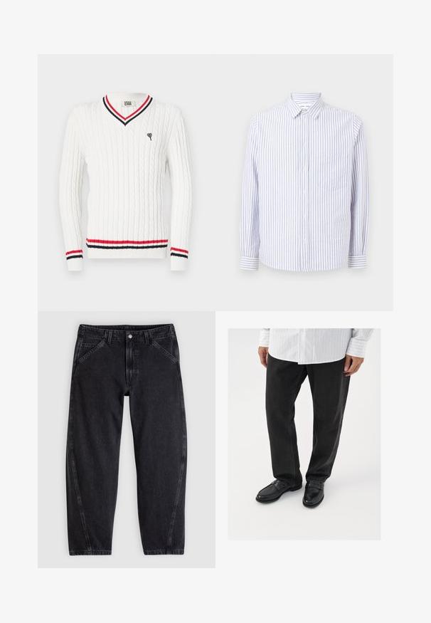 Hvid kabelstrikket sweater med V-udskæring, prydet med røde og sorte stribede detaljer ved kraven og kanten. Lille hjerte-logo broderet på brystet.; Stribet skjorte i lyseblå og hvid. Har en spids krave, lange ærmer og en enkelt brystlomme. Bomuldsstof.; Sorte denimjeans med løs pasform, der har en standard-taljebånd, femlomme-design og kontrastsyning langs sømmene.; Sorte denimbukser parret med skinnende sorte loafers. Skjorten er hvid med tynde lodrette striber, har lange ærmer og en knapkrave.