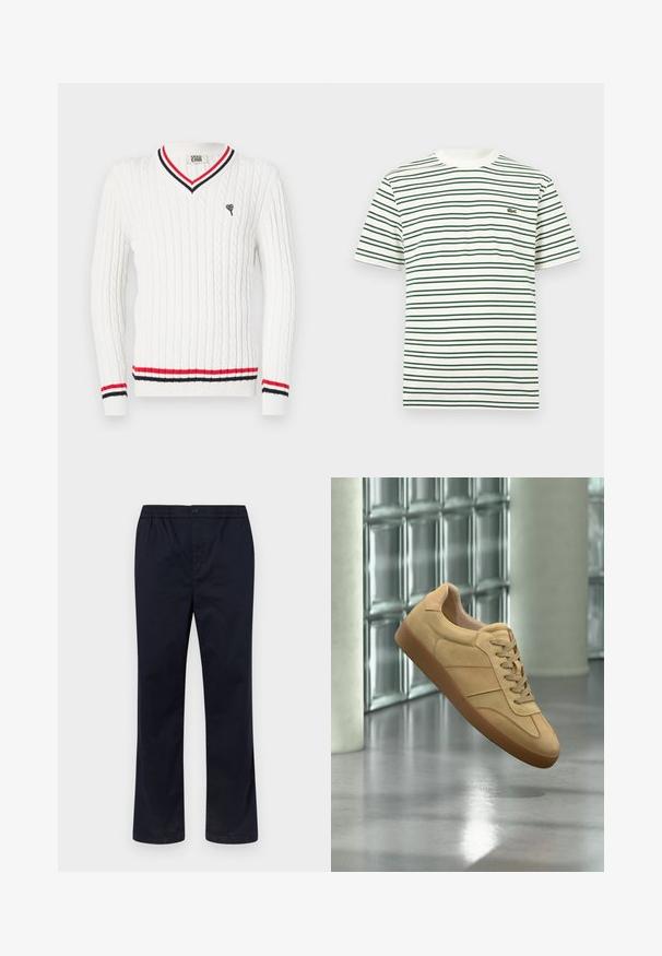 Suéter blanco de punto trenzado con escote en V, que presenta detalles en franjas rojas y negras en el cuello y el dobladillo. Bordado de un pequeño logo de corazón en el pecho.; Camiseta blanca de manga corta con finas rayas horizontales en verde oscuro y beige, y un pequeño logo de cocodrilo verde en el pecho izquierdo.; Pantalones de hombre azul marino con cintura elástica, cierre de botón y corte recto sobre un fondo liso y claro.; Zapatilla beige de ante con suela de goma, diseño con cordones, flotando en interiores sobre suelo de hormigón pulido cerca de pared de bloques de vidrio.