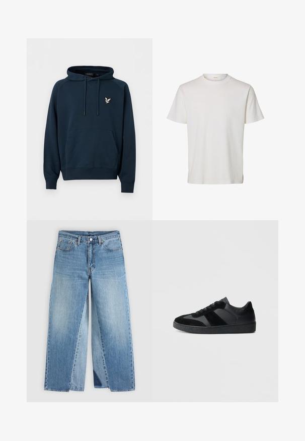 Sweat à capuche bleu marine avec poche kangourou à l'avant et petit logo d'aigle blanc sur le côté gauche de la poitrine.; T-shirt blanc uni à manches courtes et col rond avec une texture côtelée subtile et une petite étiquette de marque à l'intérieur du col.; Jean droit en denim bleu avec un design classique à cinq poches et une fermeture à boutons à l'avant, présenté à plat sur un fond neutre.; Baskets noires combinant cuir lisse et daim, avec une semelle en caoutchouc noire texturée et un détail de rayures discrètes.