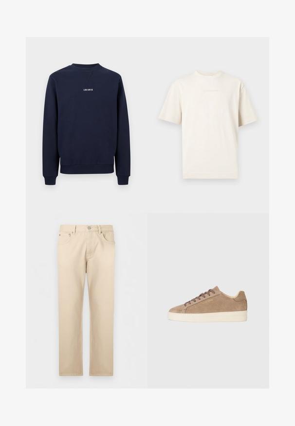 Sweat-shirt bleu marine à col rond avec poignets et ourlet côtelés, présentant un petit texte blanc centré "LES DEUX" sur la poitrine.; T-shirt à manches courtes, col rond de couleur crème avec un logo discret embossé sur la poitrine, présenté sur un fond gris clair.; Jean beige à jambes droites avec bouton et fermeture éclair à l'avant, poches avant et arrière, étalé à plat sur un fond clair.; Baskets en daim beige avec une toe ronde, semelle en caoutchouc crème et lacets marron. Présente un logo de marque en relief sur le côté et un matériau texturé.