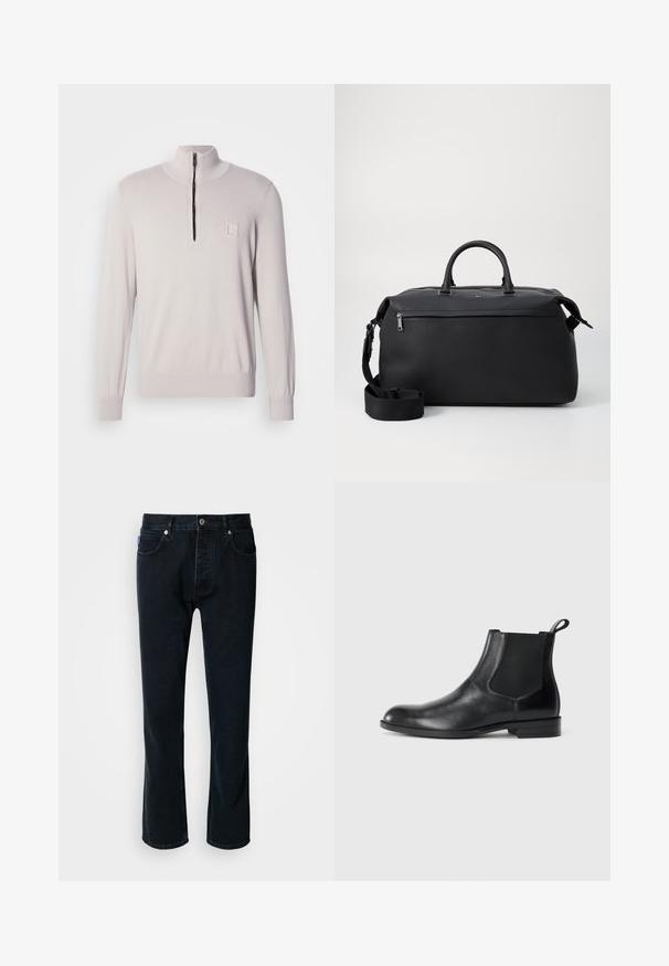 Pull beige clair à col montant, avec une fermeture éclair à mi-hauteur sur le devant. Tissu en maille avec poignets côtelés et une petite étiquette logo sur la poitrine.; HUGO JONAH - Jean droit - dark blue; Bottine en cuir noir avec des panneaux latéraux élastiques, bout rond et tirette. Texture lisse, semelle plate, design minimaliste.; Sac de voyage en cuir noir avec deux poignées supérieures, une bandoulière amovible et une poche avant zippée pour un espace de rangement supplémentaire.