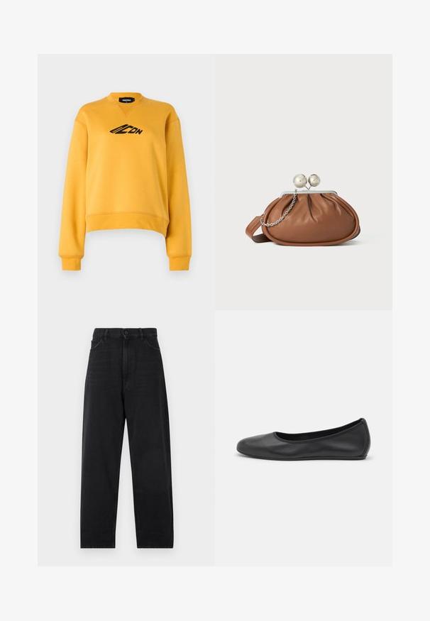 Gul sweatshirt med lange ærmer og rund hals. Har et sort logo på fronten. Fremstillet af blødt, struktureret stof. Beskåret kant.; Sorte denimjeans med høj talje, lige ben-design, knaplukning og klassisk fem-lomme stil. Glat tekstur med diskret syning.; Sort læderballetsko med rund tå, glat tekstur, minimal syning og et fleksibelt såldesign.; Brun læder clutch-pung med sølv kugleklap og en lille sølv kædedetalje på en hvid baggrund.