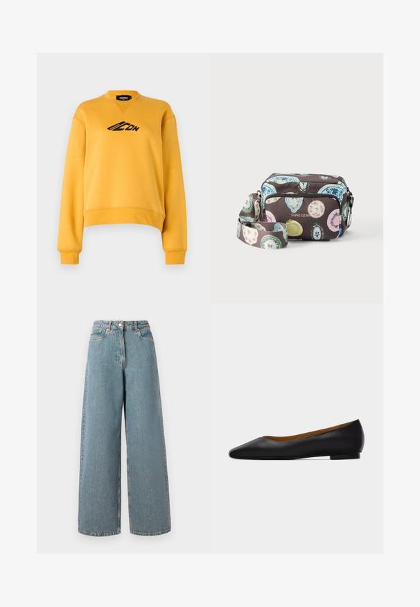 Gul sweatshirt med lange ærmer og rund hals. Har et sort logo på fronten. Fremstillet af blødt, struktureret stof. Beskåret kant.; Høj talje, lyseblå vidde denim jeans med frontlynlås, knappelukning og forlommer.; Sort læder flad sko med spids tå, lav hæl og glat finish, vist fra siden på en lysegrå baggrund.; Crossbody taske med farverige ovale mønstre på mørk baggrund, front-lynlåslomme og justerbar rem, mærket "STINE GOYA" med guld bogstaver.