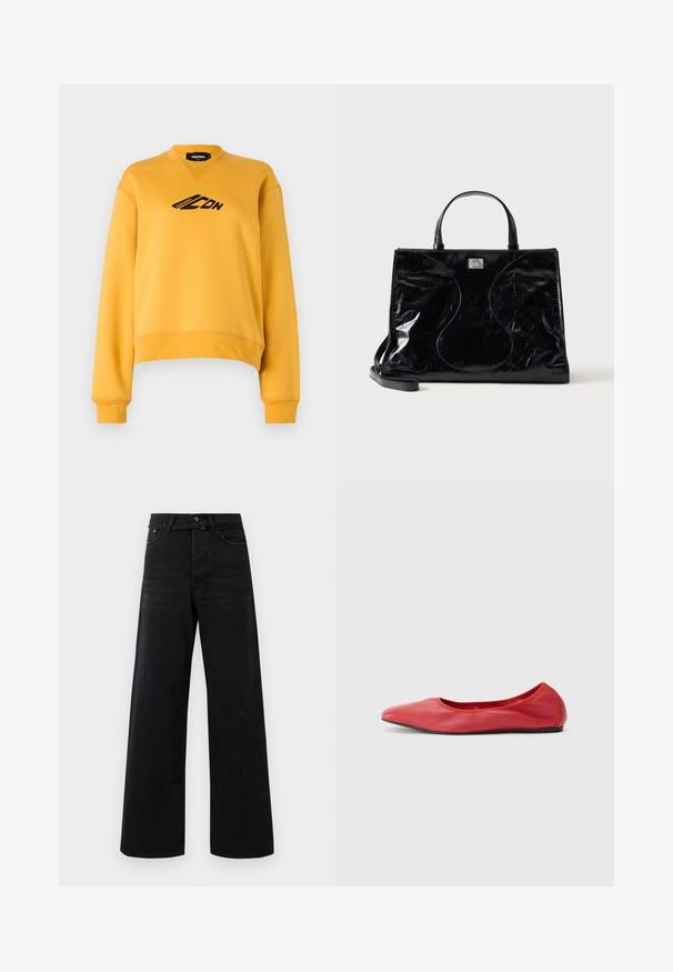 Gul sweatshirt med lange ærmer og rund hals. Har et sort logo på fronten. Fremstillet af blødt, struktureret stof. Beskåret kant.; Sorte højtaljede vid ben jeans med frontknap, lynlås, bæltestropper og klassisk fem-lomme stil.; Filippa K REY FLATS - Ballerinasko - bright red; Sort blank læderhåndtaske med korte håndtag, aftagelig skulderrem og subtile buede syninger foran.