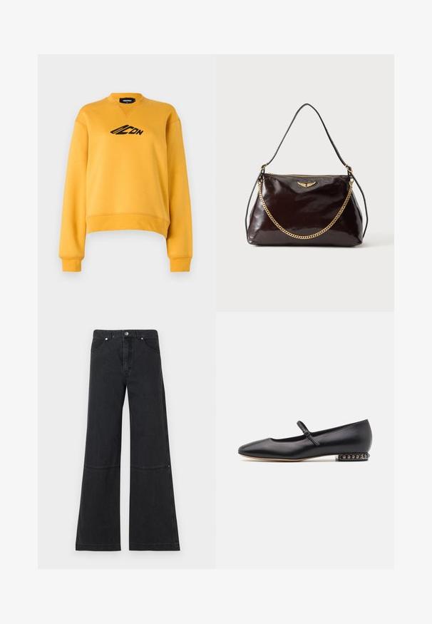 Gul sweatshirt med lange ærmer og rund hals. Har et sort logo på fronten. Fremstillet af blødt, struktureret stof. Beskåret kant.; Sorte brede ben jeans lavet af denim, med høj talje, forlommer og en subtil sømdetalje ved knæet. Metal knaplukning.; Casadei GALAXY MINORCA - Ballerinasko m/ rem - black; Mørkebrun blank læderhåndtaske med et gyldent vingeemblem, gyldent kædedetalje og en tynd læder skulderrem på en ensfarvet baggrund.