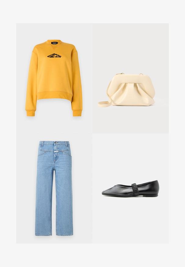 Sweat-shirt jaune à manches longues et col rond. Présente un logo noir sur le devant. Fabriqué en tissu doux et texturé. Ourlet court.; CLOSED STOVER - Jean boyfriend - light blue; Chaussure plate en cuir noir avec une bride froncée sur le dessus et un bout légèrement pointu, présentée sur un fond uni.; Pochette en cuir souple beige avec cadre structuré et détail plissé à l'avant, équipée d'une fine bandoulière pour poignet et d'une fermeture éclair dorée.