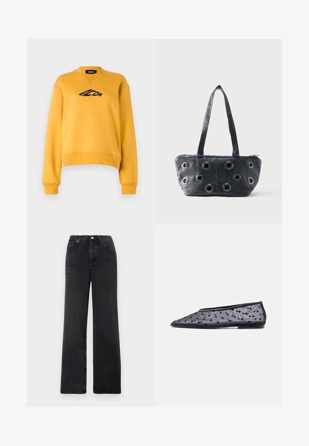 Sweat-shirt jaune à manches longues et col rond. Présente un logo noir sur le devant. Fabriqué en tissu doux et texturé. Ourlet court.; Jean large noir en denim. Présente une taille haute, deux poches avant et une fermeture à bouton avec des accents en cuivre.; Chaussure plate noire à bout pointu, en tissu transparent avec un motif à pois noirs sur un fond clair.; Sac à main en cuir noir avec deux poignées et plusieurs œillets en métal argenté sur le panneau avant, posé sur un fond clair uni.