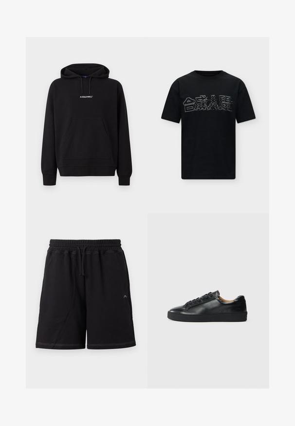 Svart hettegenser med frontlomme og hvit "A-COLD-WALL*" logo midt på brystet.; Svart kortermet T-skjorte med hvit glitch-stil grafikk av hus over brystet på ensfarget bakgrunn.; Svarte knelengde shorts med elastisk midjebånd, justerbar snøring, sidelommer og hvite kontrastsømmer.; Sorte lær sneakers med en glat overflade, rund tå og snørebåndslukning. Udviklet med en tyk gummisål og minimal brandingdetalje.