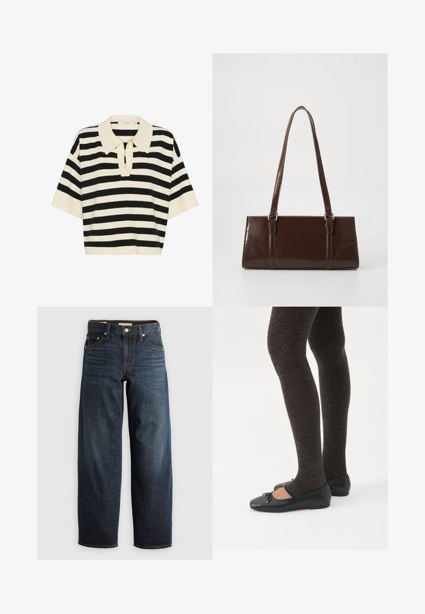 Camisa polo de manga corta a rayas negras y crema con cuello y abertura en forma de ojal en la parte frontal. Tejido de punto suave.; Jeans oscuros de denim, con un diseño de pierna recta, estilo de cinco bolsillos, y acentos de costura superior con cierre de botón.; Piernas con leggings oscuros acanalados combinados con bailarinas negras que presentan pequeños detalles de lazo sobre un fondo blanco.; Bolso de mano de piel sintética marrón con forma rectangular, dos asas largas y sutiles acentos curvados en la parte delantera.