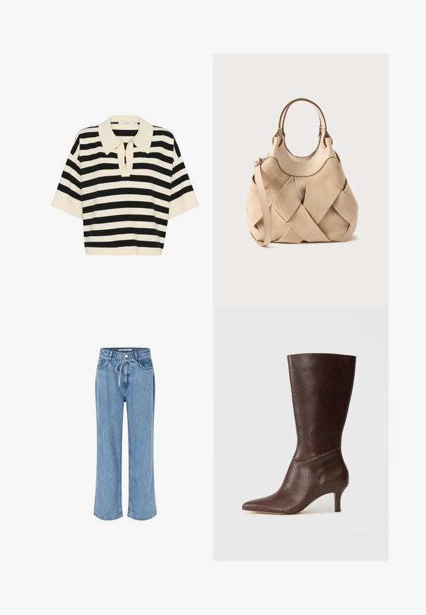 Polo à manches courtes rayé noir et crème avec un col et une ouverture en forme de clé à l'avant. Tissu tricoté doux.; Pantalon en denim bleu clair avec une coupe décontractée, taille mi-haute et cordon de serrage ajustable. Dispose du style classique à cinq poches et de jambes droites.; Bottine marron en simili cuir avec un bout pointu, un imprimé serpent texturé et un talon de 5 cm, présentant un design élégant et épuré.; Sac à main en daim beige avec un design tissé, des poignées supérieures rondes et une bandoulière amovible ; accents en cuir lisse en haut.