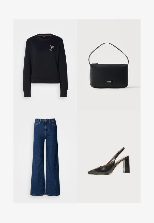 Zwarte sweater met een ronde hals en lange mouwen. Heeft een cocktailglas met kristallen op de linkerborst. Zachte stof.; Wijd uitlopende jeans met een donkere wassing, gemaakt van denim, met een hoge taille, klassiek ontwerp met vijf zakken en subtiele stiksel details langs de naden.; Zwarte leren slingback schoen met spits toelopend neusje, hoge blokhak en beige binnenvoering tegen een effen lichte achtergrond.; Zwarte rechthoekige leren schoudertas met een kleine gouden "HUGO" logo patch en een enkele dunne band.