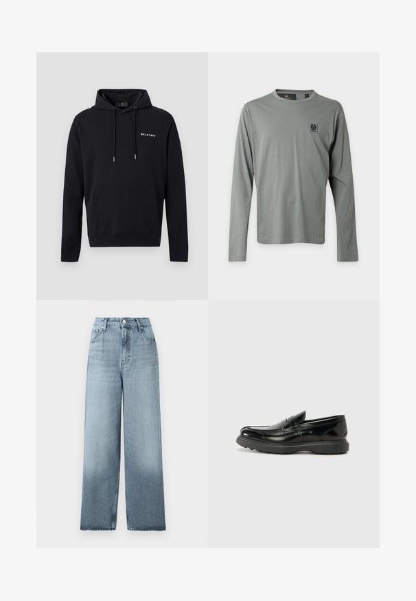 Sweat à capuche noir Belstaff avec poche kangourou avant, capuche à cordon de serrage et petit logo blanc Belstaff sur le côté gauche de la poitrine.; T-shirt gris à manches longues avec col rond, avec un petit emblème noir sur la poitrine gauche représentant un aigle stylisé et un texte.; Jean bleu clair taille haute, jambes larges, avec fermeture à boutons et fermeture éclair, poches avant et passants pour ceinture sur un fond uni.; Mocassin en cuir noir avec une finition brillante, bout arrondi, détails de couture subtils et semelle en caoutchouc épaisse pour la durabilité.