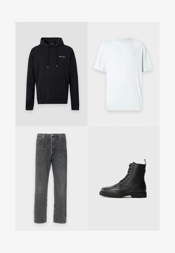 Μαύρο φούτερ Belstaff με μπροστινή τσέπη καγκουρό, κουκούλα με κορδόνι και μικρό λευκό λογότυπο Belstaff στο αριστερό στήθος.; Ανοιχτό μπλε βαμβακερό T-shirt με στρογγυλή λαιμόκοψη, κοντά μανίκια και μινιμαλιστικό κεντημένο λογότυπο στο στήθος. Λείο ύφασμα, απλός σχεδιασμός.; Γκρι τζιν παντελόνι με ίσια γραμμή, διαθέτοντας πέντε τσέπες, μπροστινό κλείσιμο με κουμπί και αντίθετη ραφή κατά μήκος των ραφών.; Μαύρη δερμάτινη μπότες μέχρι τον αστράγαλο με στρογγυλή μύτη, σχέδιο με κορδόνια και μεταλλικές οπές. Διαθέτει υφή στη σόλα και θηλιά στο τακούνι για εύκολη εφαρμογή.