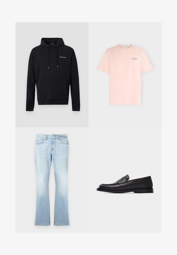 Sweat à capuche noir Belstaff avec poche kangourou avant, capuche à cordon de serrage et petit logo blanc Belstaff sur le côté gauche de la poitrine.; T-shirt rose clair à manches courtes et col rond avec un petit logo bleu « Les Deux » brodé sur le côté gauche de la poitrine.; Jean évasé bleu clair en denim. Comprend cinq poches, une fermeture à bouton et fermeture éclair, avec un effet délavé vers l'ourlet.; Mocassin penny en cuir noir avec un petit talon, un bout arrondi et une bride décorative sur le dessus, posé sur un fond clair uni.