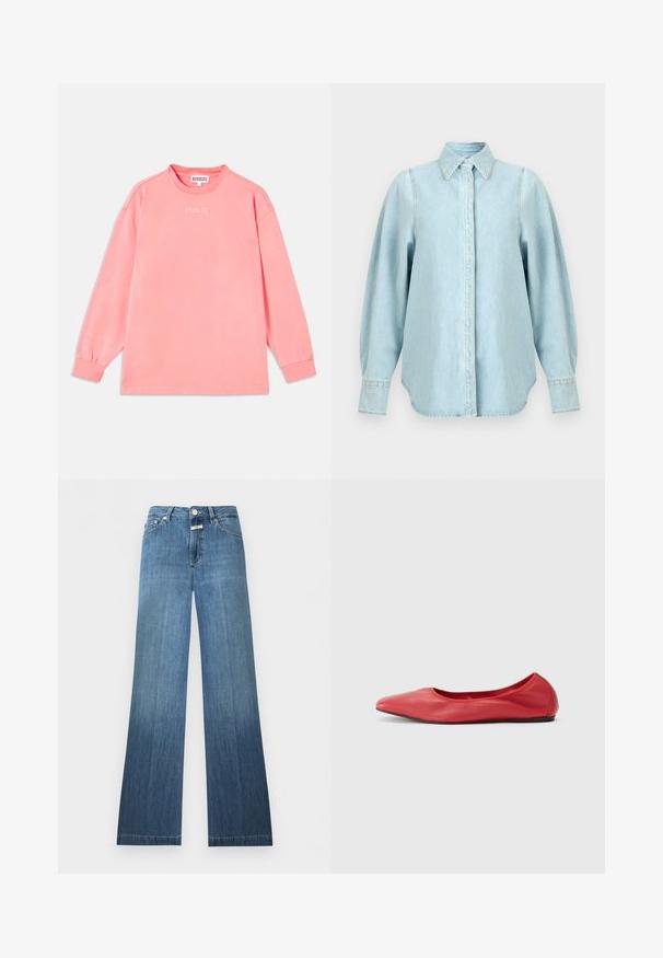 Camiseta de manga larga en color rosa brillante, hecha de algodón suave. Presenta un cuello redondo y el texto "STIEGLITZ" impreso en blanco en el pecho.; Camisa vaquera azul claro con mangas largas abullonadas, cuello puntiagudo, puños con botones y tapeta de botones frontal oculta.; Vaqueros de mezclilla azul con talle alto, cierre de botones, bolsillos delanteros y traseros, y una ligera campana en la parte inferior.; Filippa K REY FLATS - Bailarinas - bright red