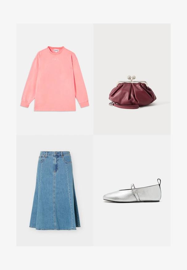 Camiseta de manga larga en color rosa brillante, hecha de algodón suave. Presenta un cuello redondo y el texto "STIEGLITZ" impreso en blanco en el pecho.; Falda vaquera azul en línea A con cierre frontal de botones y cremallera, bolsillos delanteros y traseros, y costuras verticales visibles.; rag & bone SPIRE MARY JANE - Bailarinas con hebilla - silver; Pequeño bolso de mano de cuero burdeos con cierre metálico plateado y correa de muñeca sobre fondo blanco.