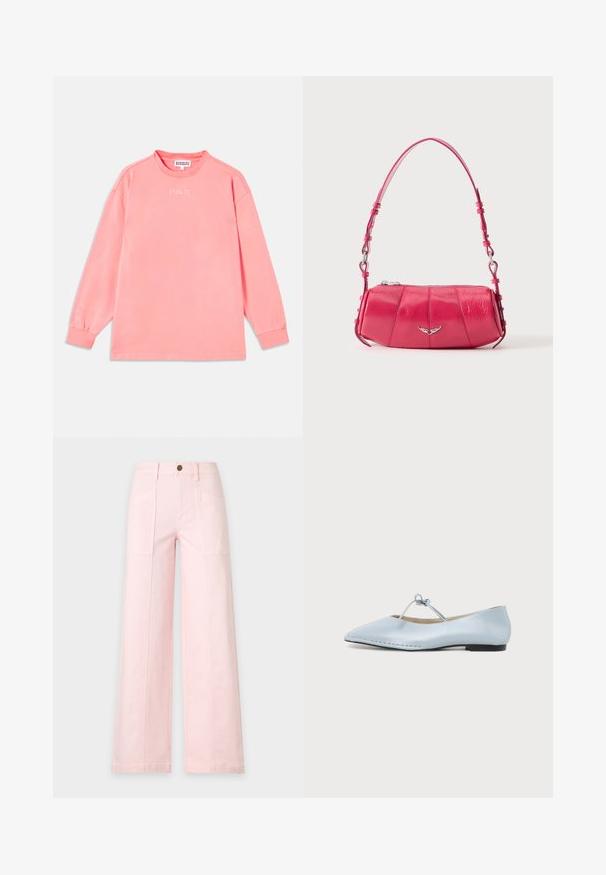 Camiseta de manga larga en color rosa brillante, hecha de algodón suave. Presenta un cuello redondo y el texto "STIEGLITZ" impreso en blanco en el pecho.; Pantalones anchos de pierna en rosa claro con cintura alta, bolsillos frontales, trabillas para cinturón y cierre con botón en la cintura.; Zapato plano de color azul claro con puntera puntiaguda, una delgada correa anudada en la parte superior y un pequeño tacón negro.; Pequeño bolso de hombro de piel rosa brillante con emblema de ala plateada y correa ajustable, cierre superior con cremallera, mostrado sobre fondo blanco.
