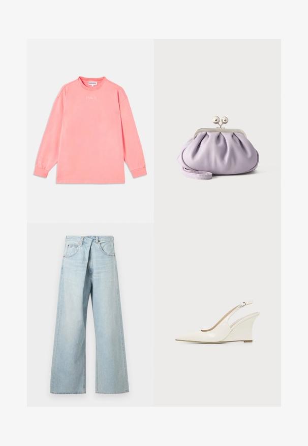 Langærmet T-shirt i klart pink, lavet af blød bomuld. Har en rund halsudskæring og teksten "STIEGLITZ" trykt i hvid på brystet.; Lyseblå vidbenede jeans med bæltestropper og frontlommer, vist forfra på en ensfarvet baggrund.; Hvid patentlæder kilehælssandalette med spids tå og justerbar spænde rem på ensfarvet baggrund.; Blød lavendel clutch med opsamlet stof, sølv kiss-lock lås og matchende håndledsrem på en ensfarvet lys baggrund.