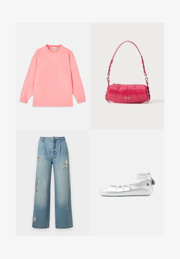 Camiseta de manga larga en color rosa brillante, hecha de algodón suave. Presenta un cuello redondo y el texto "STIEGLITZ" impreso en blanco en el pecho.; Vaqueros de mezclilla azul claro de pierna ancha con detalles bordados, incluyendo mariposas y plantas. Cuenta con cierre de botones y cinco bolsillos.; Bailarina blanca con lazo alrededor del tobillo, cordones en la parte delantera y una pequeña etiqueta metálica en la lengüeta del talón, mostrada sobre un fondo liso.; Pequeño bolso de hombro de piel rosa brillante con emblema de ala plateada y correa ajustable, cierre superior con cremallera, mostrado sobre fondo blanco.