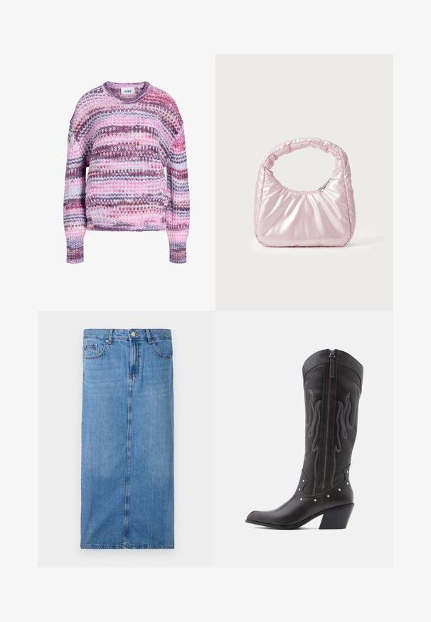 Pull en maille épaisse avec des rayures horizontales roses, violettes, blanches et marron, col rond côtelé et poignets.; Jupe midi en denim bleu clair, avec une silhouette droite, une couture frontale, et une taille standard avec cinq passants de ceinture et une fermeture à bouton en métal.; Bottes de cowboy en cuir marron avec surpiqûres en forme de flammes, fermeture éclair latérale, clous argentés, bout pointu et talon superposé.; Sac à main rose rembourré avec un design arrondi, fabriqué à partir d'un matériau brillant. Dispose d'une poignée froncée et d'une fermeture éclair pour un accès sécurisé.