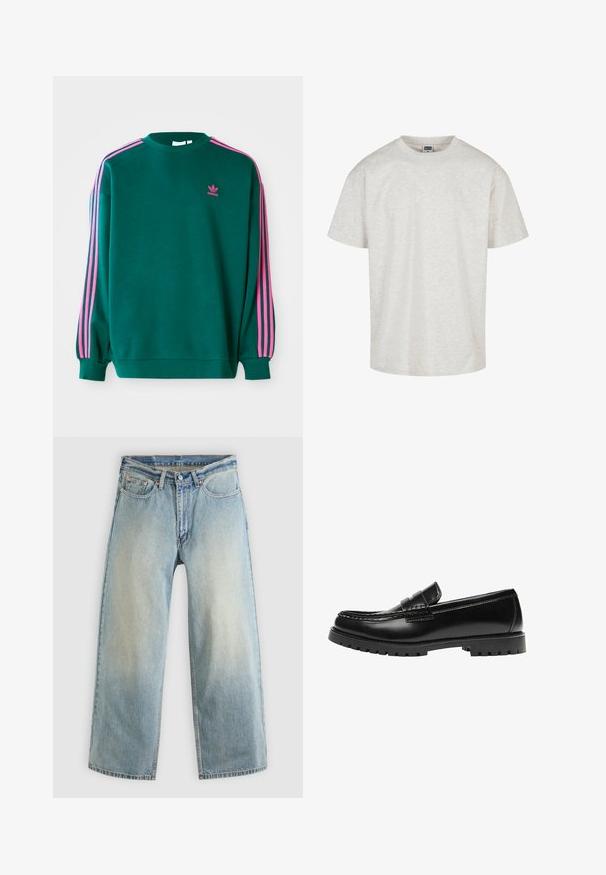 Groene sweatshirt met lange mouwen, ronde hals, roze drievoudige strepen accenten op de schouders en een klein roze logo op de borst. Zachte stoftextuur.; Lichtgrijze katoenen T-shirt met korte mouwen, een ronde hals en een relaxte pasvorm. Geweven stof met een subtiel gemêleerd patroon.; Lichtblauwe, wijde spijkerbroek met een verwaaide afwerking. Voorzien van een standaard ontwerp met vijf zakken en een metalen knoopsluiting.; Zwarte leren loafer met een dikke rubberen zool en klassieke penny-strap details, gezien vanaf de buitenkant.