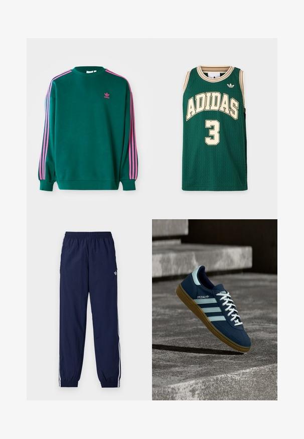 Πράσινο sweatshirt με μακριά μανίκια, στρογγυλή λαιμόκοψη, ροζ τρεις-γραμμές λεπτομέρειες στους ώμους και μικρό ροζ λογότυπο στο στήθος. Μαλακή υφή υφάσματος.; Πράσινη αμάνικη μπασκετική φανέλα Adidas με μπεζ περιθώριο, λογότυπο Adidas και αριθμό 3 στη μπροστινή πλευρά.; Σκούρο μπλε παντελόνι φόρμας από ελαφρύ ύφασμα, με λευκές ρίγες στο πλάι, ελαστική μέση και μικρό λογότυπο.; Μπλε sneaker Adidas Spezial με λευκές ρίγες και κορδόνια, λαστιχένια σόλα, αιωρείται πάνω από τραχιά επιφάνεια σκυροδέματος και σκαλοπάτια στο φόντο.