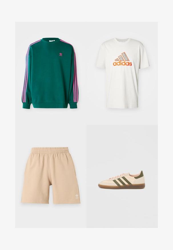 Πράσινο sweatshirt με μακριά μανίκια, στρογγυλή λαιμόκοψη, ροζ τρεις-γραμμές λεπτομέρειες στους ώμους και μικρό ροζ λογότυπο στο στήθος. Μαλακή υφή υφάσματος.; Λευκό βαμβακερό T-shirt με μεγάλο λογότυπο Adidas σε πορτοκαλί και ασημί χρώμα, συνοδευόμενο από τρεις διαγώνιες γραμμές. Έχει κοντά μανίκια και στρογγυλή λαιμόκοψη.; Μπεζ σορτς με ελαστική μέση, πλαϊνές τσέπες και ένα μικρό λευκό λογότυπο Adidas στο αριστερό πόδι, εμφανίζεται σε απλό φόντο.; Χαμηλού προφίλ μπεζ αθλητικό παπούτσι Adidas Spezial με πράσινες ρίγες, σόλα από καουτσούκ και την επωνυμία "SPEZIAL" στην πλευρά, εμφανίζεται από την εξωτερική πλευρά.