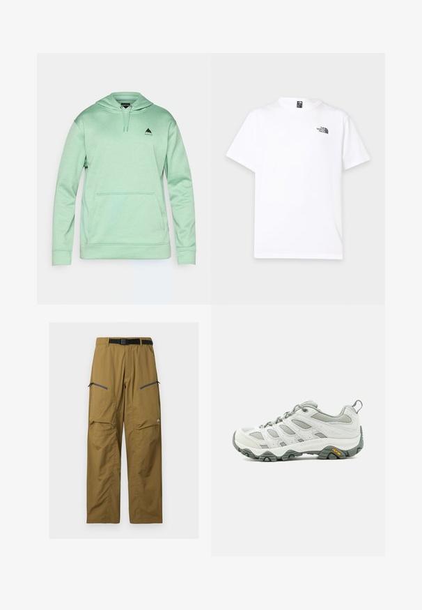 Burton MENS OAK - Sweat à capuche - soft sage heather; T-shirt blanc à manches courtes avec col rond et petit logo noir The North Face sur la partie supérieure gauche de la poitrine.; Pantalon de plein air kaki avec ceinture noire réglable, deux poches zippées sur les cuisses et coutures au niveau des genoux, présenté sur un fond uni.; Chaussure de randonnée gris clair et blanche avec panneaux en mesh, lacets à l'avant, col rembourré et logo Vibram sur une semelle robuste.