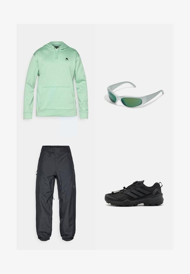 Burton MENS OAK - Sweat à capuche - soft sage heather; Pantalons imperméables noirs avec une coupe décontractée, dotés de deux boutons à la taille, de poignets ajustables aux chevilles et de poches latérales zippées.; Chaussure de sport noire avec une tige en maille texturée, des accents synthétiques contrastants et une semelle en caoutchouc robuste. Comprend un système de laçage sécurisé et un onglet à l'arrière.; Arnette CATFISH - Lunettes de soleil - metallic silver