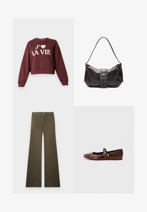 Sweat-shirt court bordeaux à coupe oversize, avec un texte imprimé rose clair "J'adore LA VIE" sur le devant. Manches et bas côtelés.; Pantalon large taille haute couleur vert olive avec fermeture à boutons et fermeture éclair, poches avant et passants pour ceinture.; Ballerine en cuir verni marron avec un bout carré et une lanière ornée d'une petite boucle dorée. Texture lisse, talon bas et design minimaliste.; Sac à épaule en cuir marron avec une forme courbée, présentant un détail de boucle proéminent, des coutures contrastantes et une seule bandoulière.