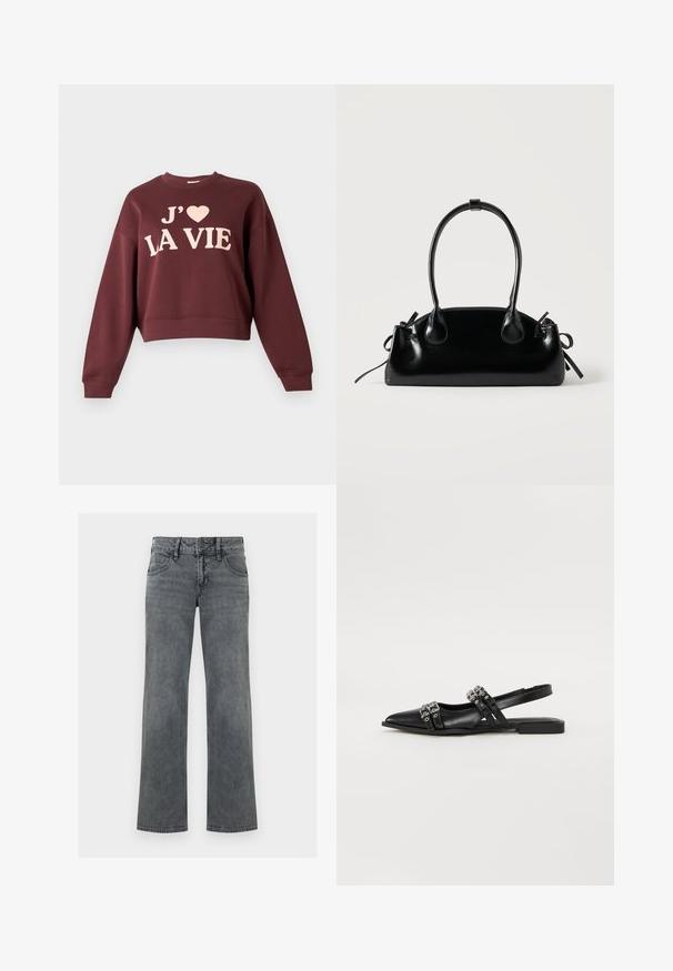 Sweat-shirt court bordeaux à coupe oversize, avec un texte imprimé rose clair "J'adore LA VIE" sur le devant. Manches et bas côtelés.; Jeans en denim gris à jambe droite avec bouton frontal, fermeture éclair et cinq poches, présentés sur un fond blanc.; Even&Odd by Zalando Ballerines à brides arrière - black; Petit sac à main noir brillant avec deux longues anses et des détails à cordon sur les côtés sur un fond clair uni.