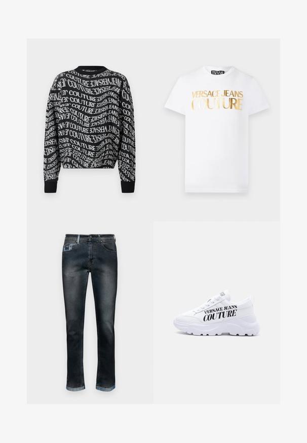 Sort langærmet crewneck sweater med hvidt forvrænget gentaget tekst "Versace Jeans Couture" over hele stoffet.; Hvid kortærmet T-shirt med gyldent metallisk "Versace Jeans Couture" tekst på fronten og rund halsudskæring.; Mørke denim jeans med lige ben-design, der har fem lommer, en falmet finish, orange syninger og et blåt mærke på linningen.; Hvid chunky sneaker med tyk sål, snøredesign og "Versace Jeans Couture" trykt med fede sorte bogstaver på siden.