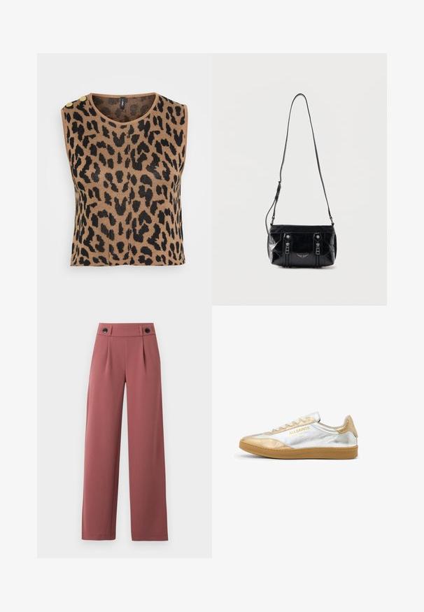 Débardeur en tricot sans manches avec un imprimé léopard marron et noir, encolure ronde, et deux accents de boutons dorés sur l'épaule.; Pantalon taille haute à jambes larges couleur rose poudré avec détails de boutons à la ceinture et plis sur le devant.; Baskets avec une tige en cuir argent métallisé et or, lacets blancs et semelle en caoutchouc beige. Présente un logo doré sur le côté.; Sac à bandoulière en cuir noir avec sangle réglable, deux fermetures éclair verticales sur le devant et un petit emblème métallique en forme d'aile sous les fermetures éclair.