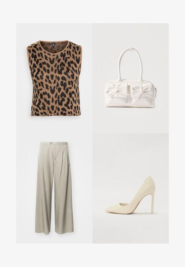 Débardeur en tricot sans manches avec un imprimé léopard marron et noir, encolure ronde, et deux accents de boutons dorés sur l'épaule.; Pantalons taille haute gris clair à jambes larges, dotés d'un tissu texturé, de plis à l'avant et d'une fermeture par un bouton unique à la taille.; Escarpin crème à bout pointu en cuir lisse, avec un talon aiguille fin et un léger détail découpé sur les côtés.; Sac à main synthétique blanc avec deux poches avant, chacune ornée d'un nœud noué. Texture lisse, anses arrondies et fermeture zippée.