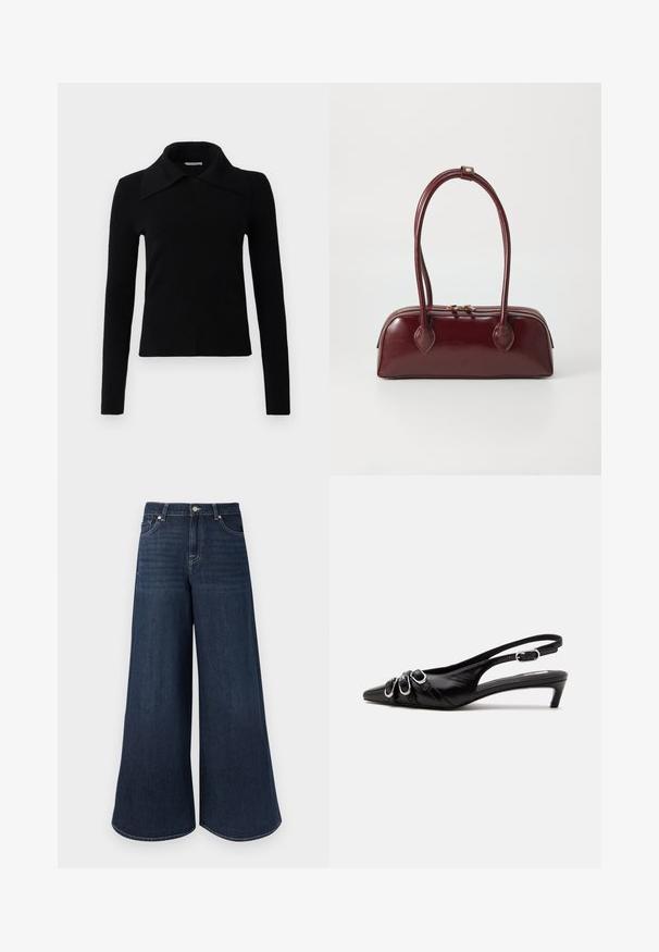 Top noir à manches longues en tissu doux, avec un grand col pointu et une coupe ajustée. Texture lisse avec peu de détails.; Jean en denim foncé à jambes larges avec une taille haute, présentant des détails cousus, une fermeture à boutons et un design classique à cinq poches.; Chaussure slingback en cuir noir avec bout pointu, trois boucles argentées à l'avant et petit talon kitten sur fond blanc.; Sac à main en cuir bordeaux avec une forme courbée, deux poignées, fermeture éclair et détails de couture subtils. Fini lisse et brillant.