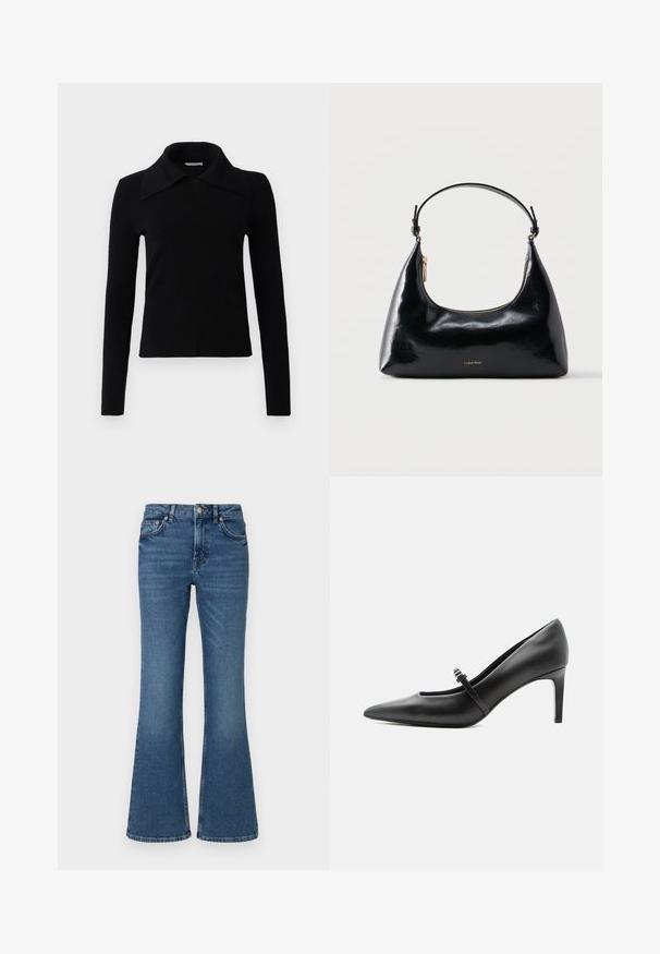 Zwarte lange mouwen top gemaakt van zachte stof, met een grote, puntige kraag en een aansluitend ontwerp. Soepele textuur met minimale details.; Flared blauwe jeans van denim, met een middelhoge taille, voorzakken en een vervaagde afwerking, met zichtbare stiksels langs de naden.; Zwarte leren pumps met puntige neus, dunne riem en gesp over de wreef, staand op een neutrale lichte achtergrond.; Zwarte glanzende Calvin Klein handtas met gouden rits en korte band tegen een effen witte achtergrond.