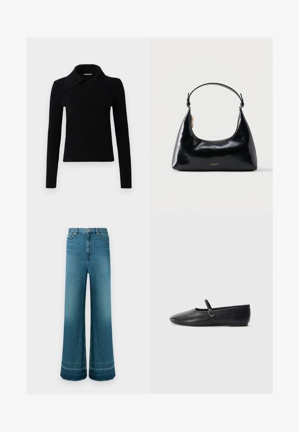 Top noir à manches longues en tissu doux, avec un grand col pointu et une coupe ajustée. Texture lisse avec peu de détails.; Jean denim bleu taille haute à jambes larges, cinq poches, fermeture à boutons et légère décoloration près des ourlets.; Ballerines noires en cuir avec un bout pointu, une semelle plate et une petite sangle avec un détail de boucle en argent.; Sac à main Calvin Klein noir brillant avec fermeture éclair dorée et anse courte sur fond blanc uni.